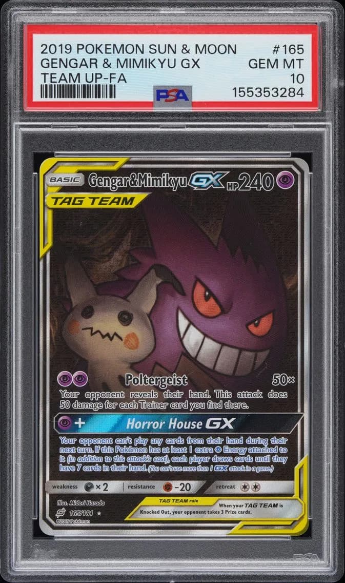 2019 #165 Full Art/Gengar & Mimikyu GX PSA 10 Sun & Moon Team Up