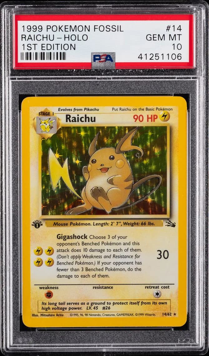1999 #14 Raichu-Holo 1st Edition PSA 10 Fossil Pokemon