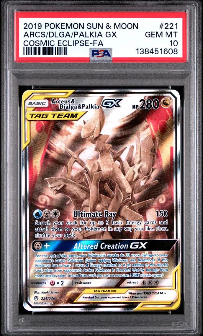 2019 #221 Full Art/Arceus & Dialga & Palkia GX PSA 10 Sun & Moon Cosmic Eclipse