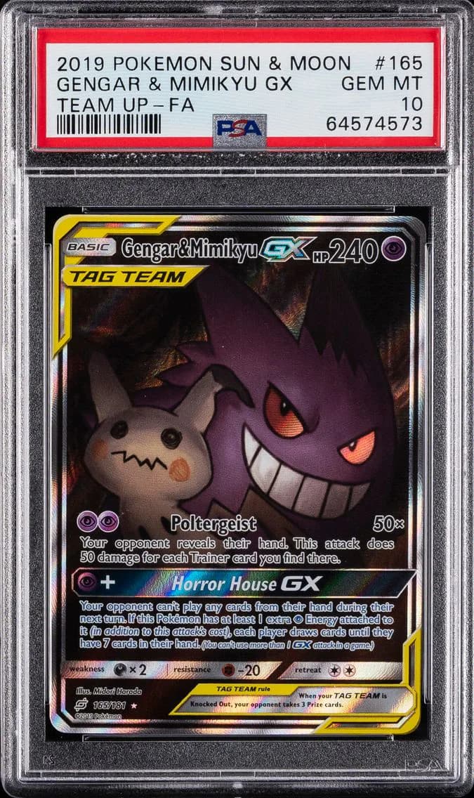 2019 #165 Full Art/Gengar & Mimikyu GX PSA 10 Sun & Moon Team Up Pokemon