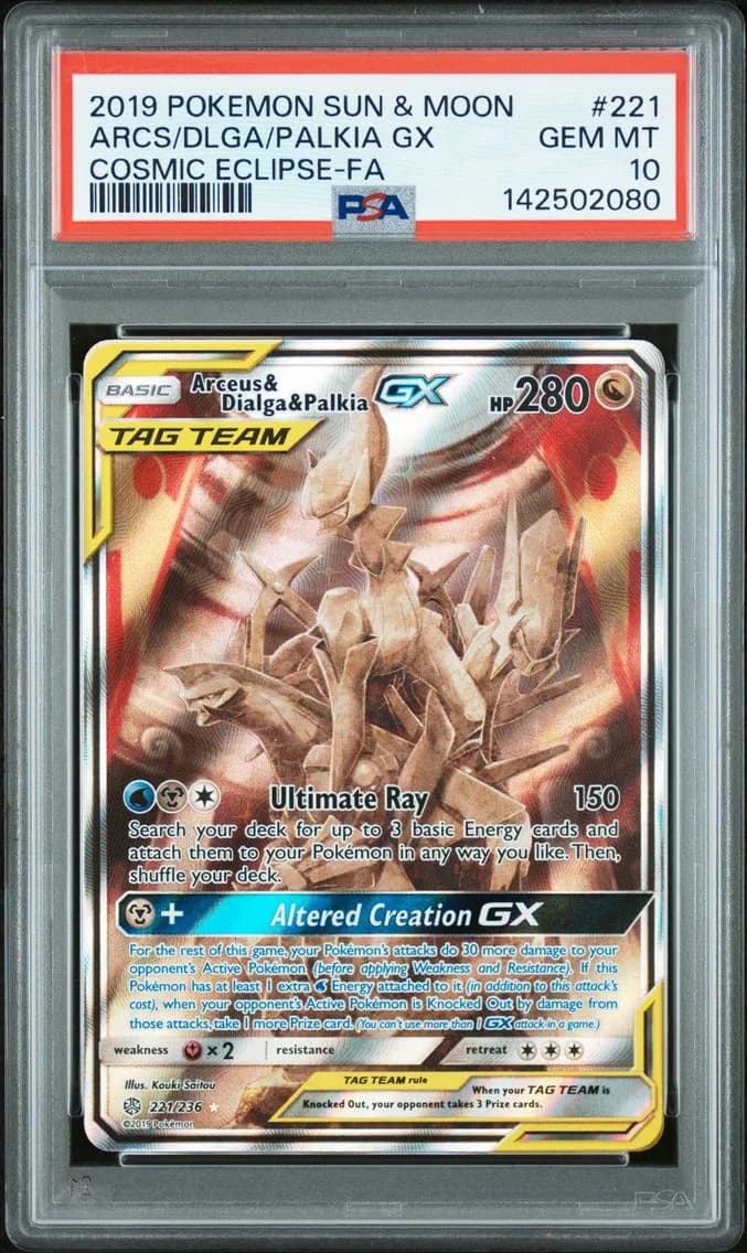 2019 #221 Full Art/Arceus & Dialga & Palkia GX PSA 10 Sun & Moon Cosmic Eclipse Pokemon