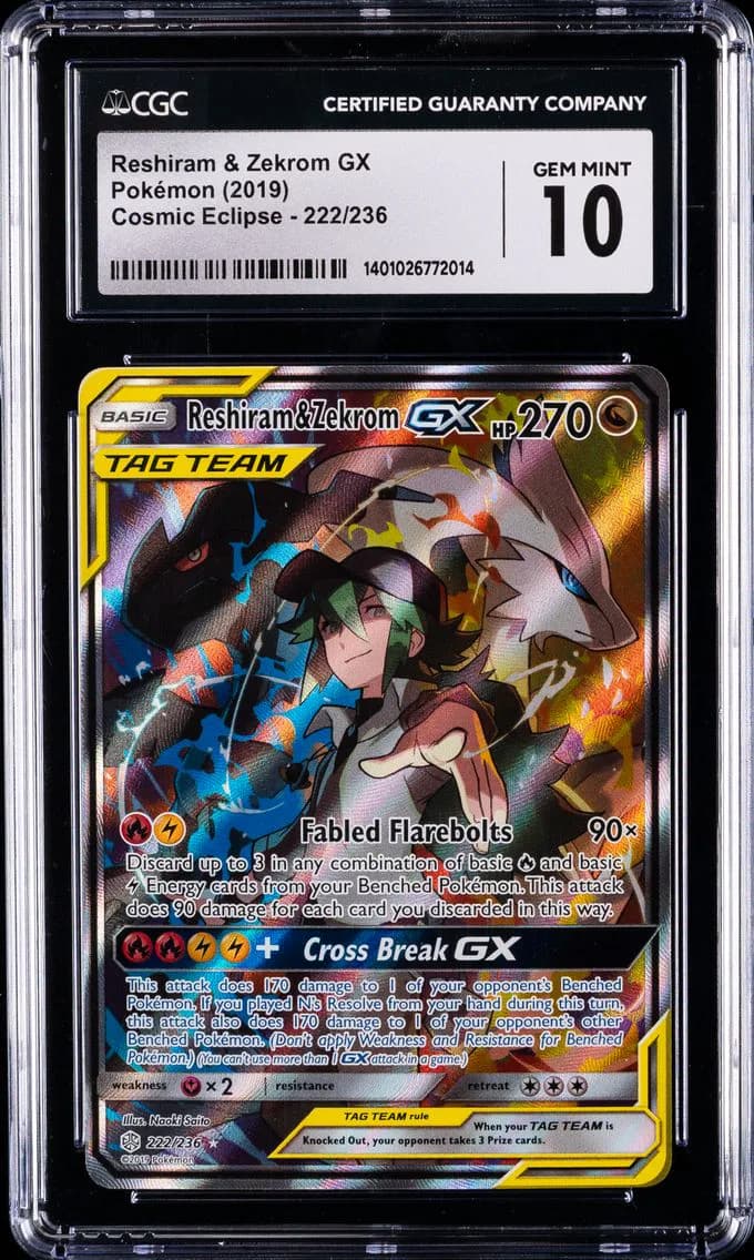 2019 #222 Full Art/Reshiram & Zekrom GX CGC 10 Sun & Moon Cosmic Eclipse Pokemon