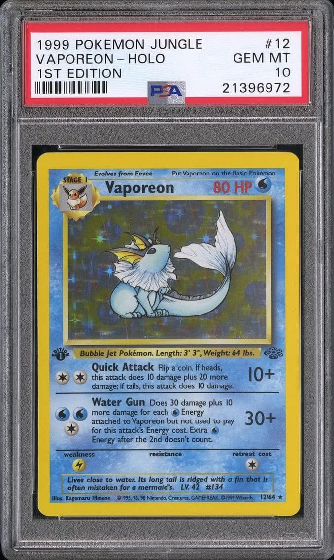 1999 #12 Vaporeon-Holo 1st Edition PSA 10 Jungle