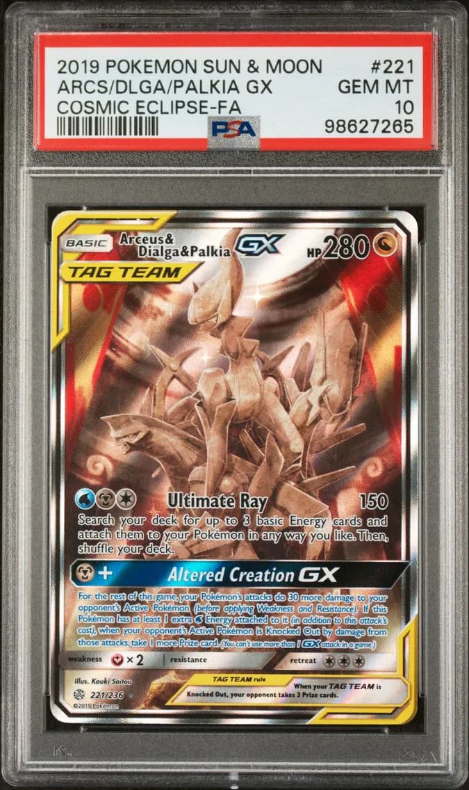 2019 #221 Full Art/Arceus & Dialga & Palkia GX PSA 10 Sun & Moon Cosmic Eclipse Pokemon