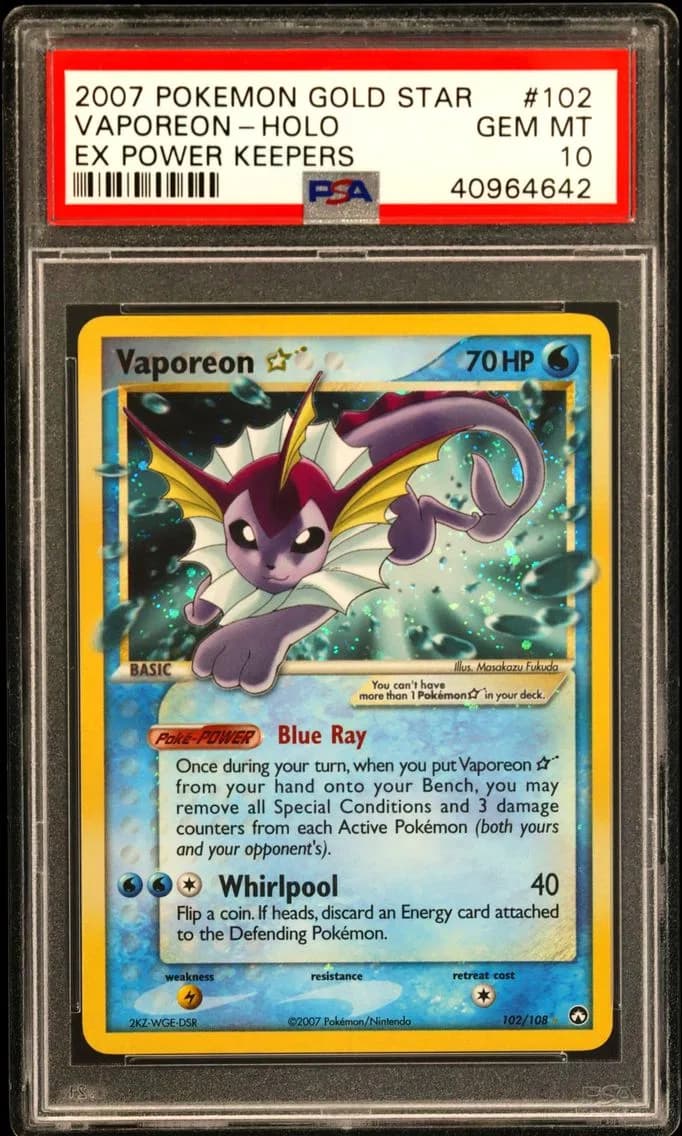 2007 #102 Vaporeon-Holo Gold Star PSA 10 EX Power Keepers