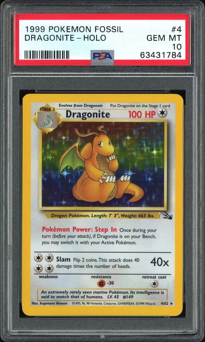 1999 #4 Dragonite-Holo PSA 10 Fossil