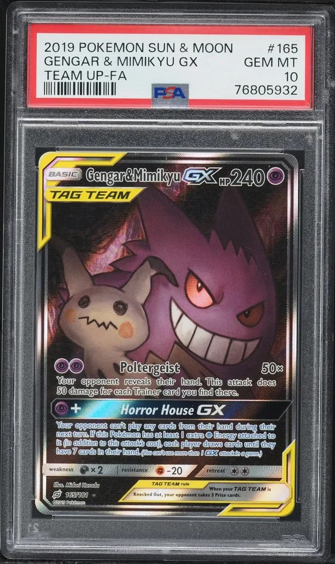 2019 #165 Full Art/Gengar & Mimikyu GX PSA 10 Sun & Moon Team Up Pokemon