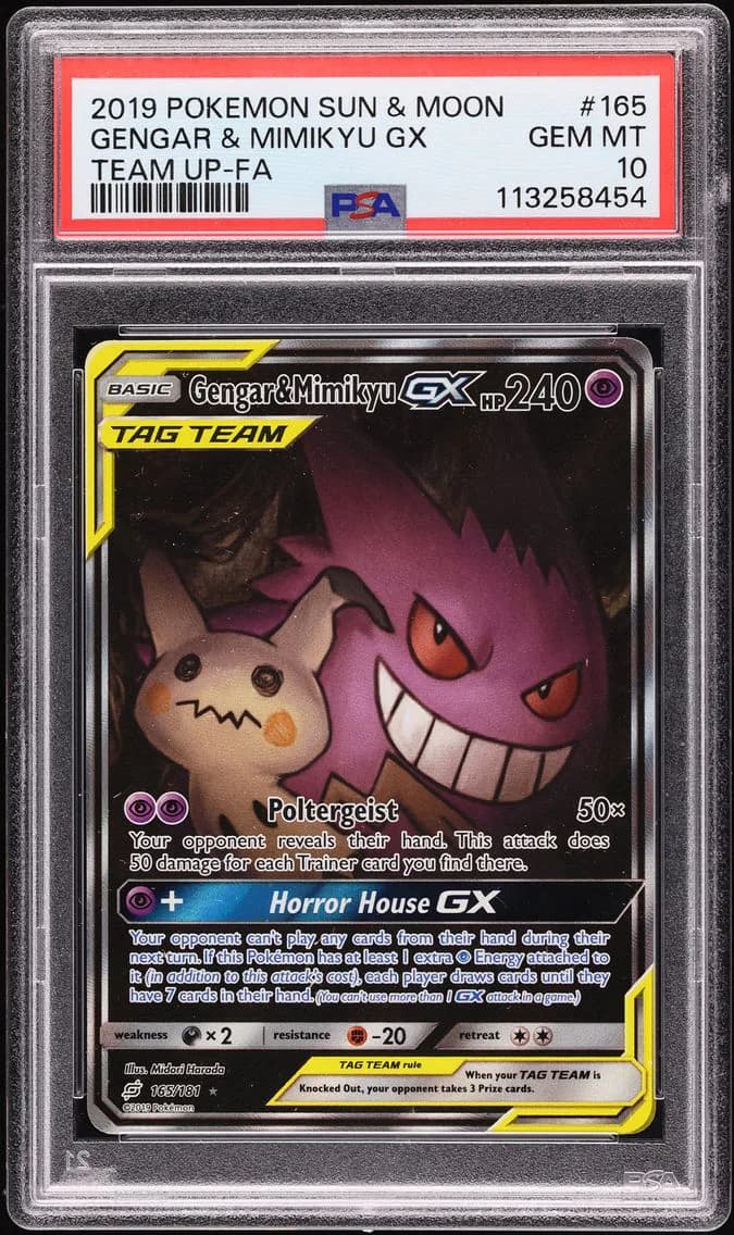 2019 #165 Gengar & Mimikyu GX PSA 10 Pokemon Sun & Moon Team Up Full Art