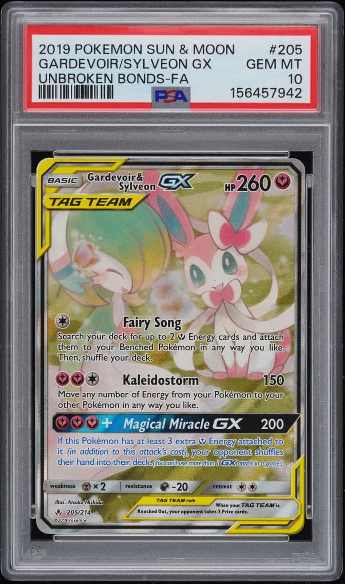 2019 #205 Full Art/Gardevoir & Sylveon GX PSA 10 Sun & Moon Unbroken Bonds
